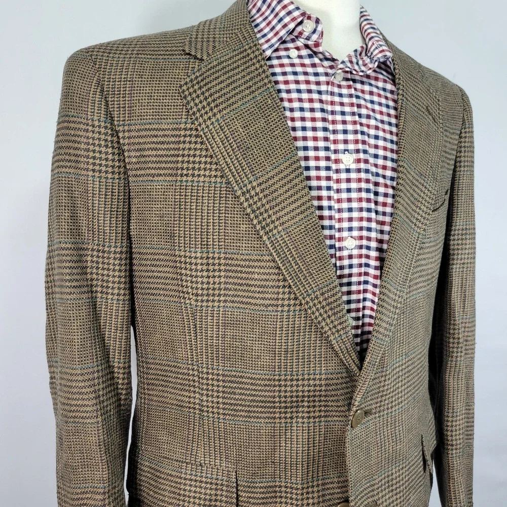VTG JOS A BANK Men's Sport Coat Blazer Two Button‎ Brown Plaid 100% SILK 44R
